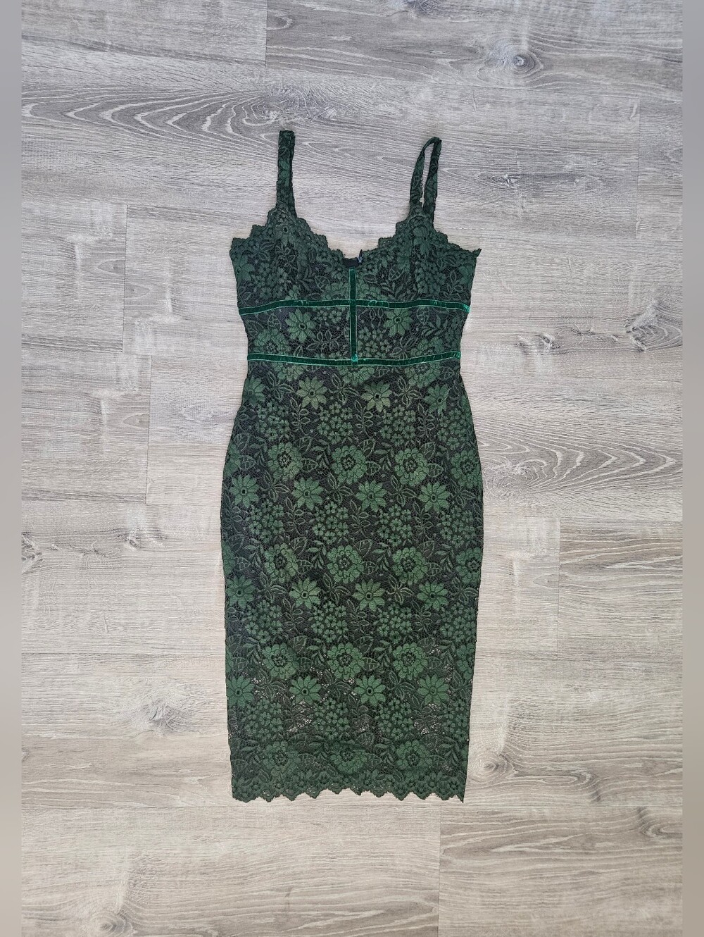 Floral Lace Velvet Bodycon Midi Slip Dress Green Black Whimsigoth Coquette XS/S